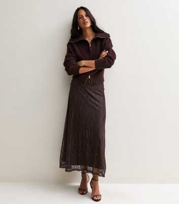 Dark Brown Floral Lace Midi Skirt