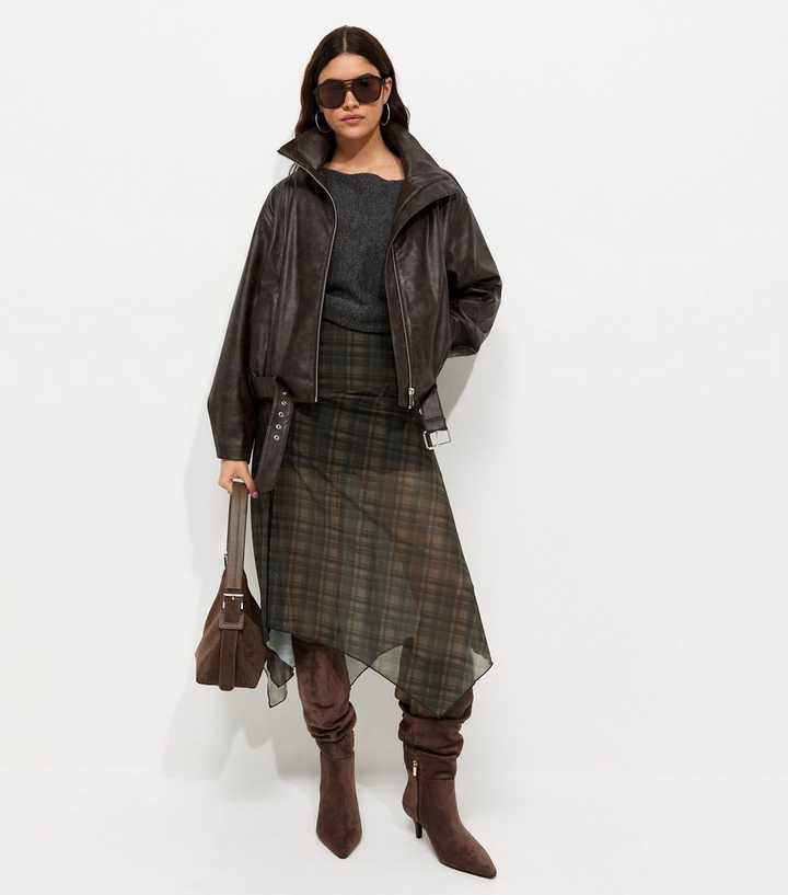Brown Check Pattern Mesh Handkerchief Hem Midi Skirt