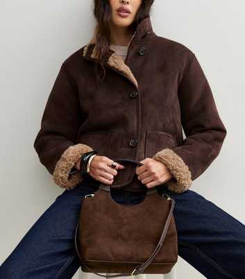 Dark Brown Faux Suede Mini Grab Handle Tote Bag