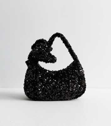 Black Velvet Sequin Bow Grab Handle Clutch Bag