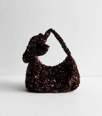 Dark Brown Velvet Sequin Bow Grab Handle Clutch Bag