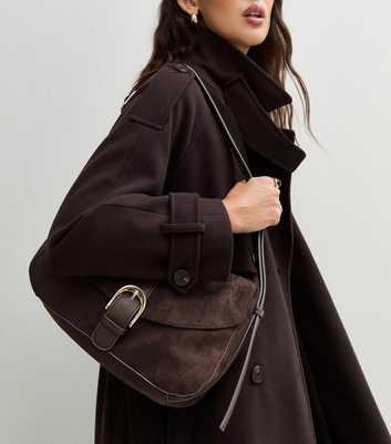 Dark Brown Faux Suede Slouch Buckle Strap Shoulder Bag
