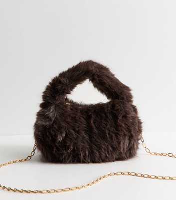 Brown Faux Fur Grab Handle Clutch Bag