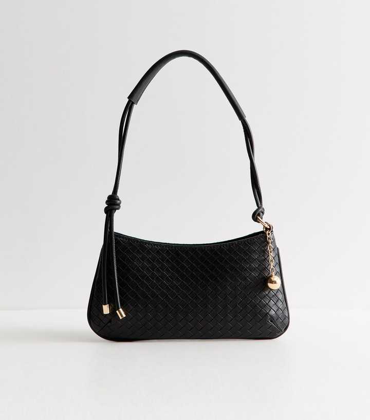 Black Faux Leather Woven Texture Shoulder Bag