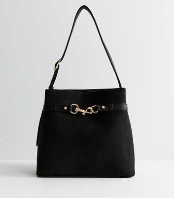 Black Faux Suede Gold Buckle Hobo Bag