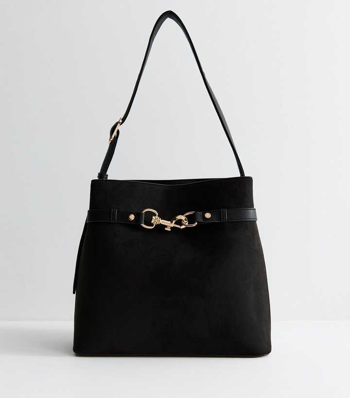 Black Faux Suede Gold Buckle Hobo Bag