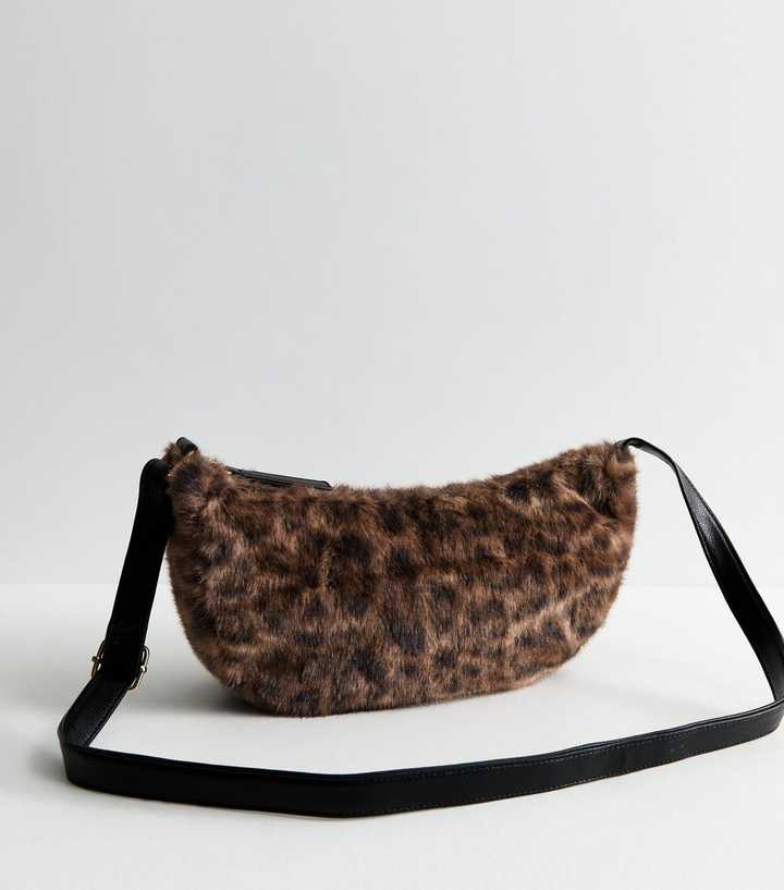 Brown Leopard Print Faux Fur Sling Crossbody Bag