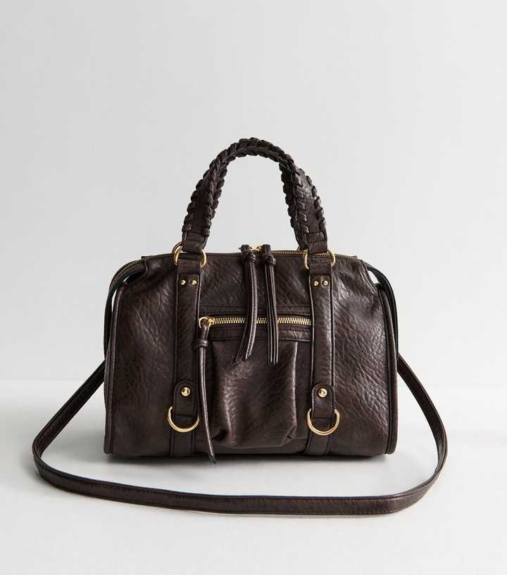 Dark Brown Pebbled Faux Leather Whipstitch Trim Crossbody Bag