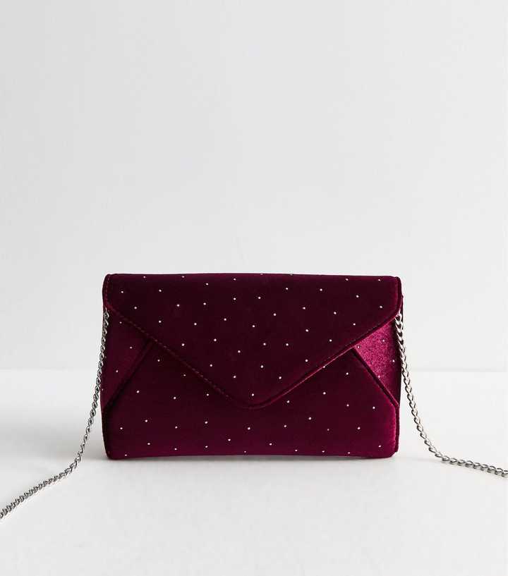 Dark Burgundy Satin Pin Spot Clutch Bag