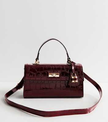 Dark Burgundy Faux Leather Crocodile Embossed Twist Lock Crossbody Bag