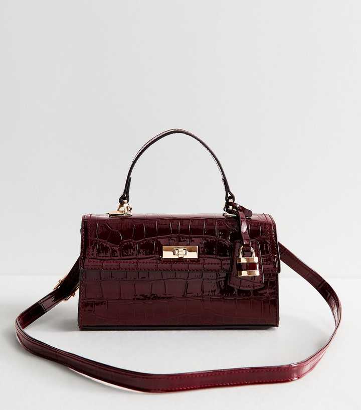 Dark Burgundy Faux Leather Crocodile Embossed Twist Lock Crossbody Bag
