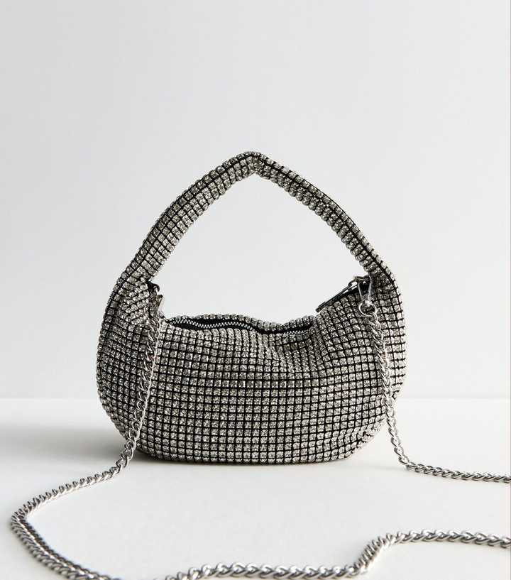 Silver Rhinestone Embellished Grab Handle Bag