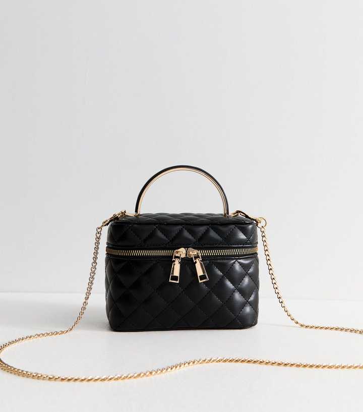 Black Faux Leather Quilted Vanity Cross Body Bag