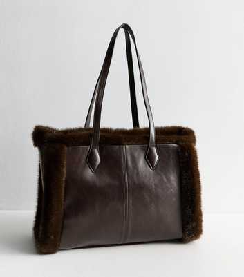 Dark Brown Faux Leather and Fur Trim Tote Bag