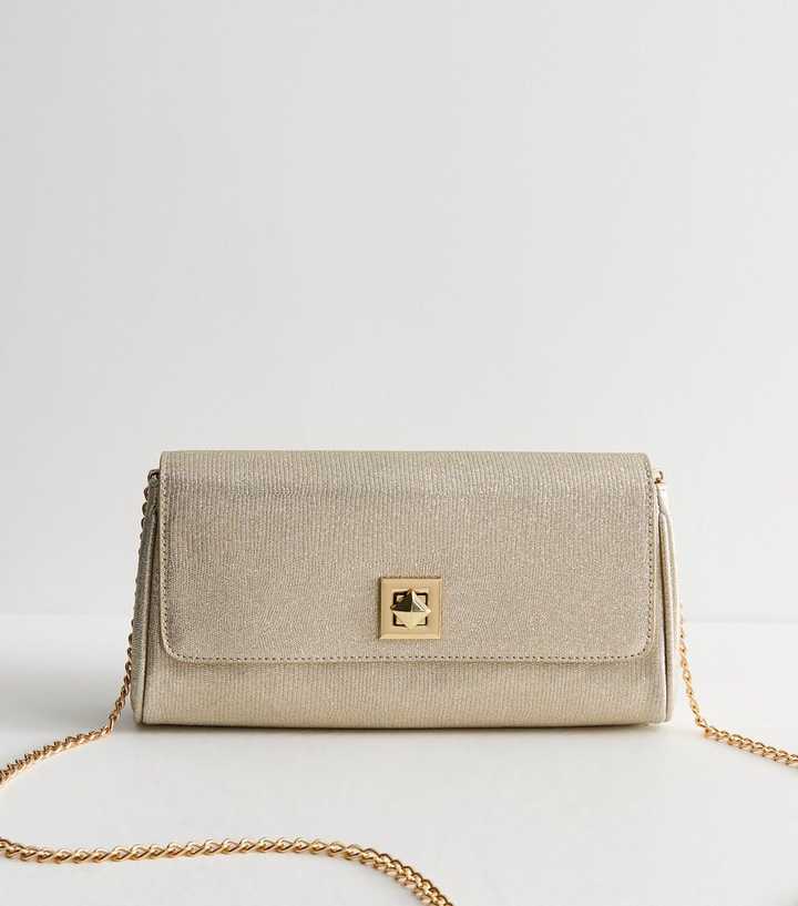 Gold Twist Lock Textured Faux Leather Clutch