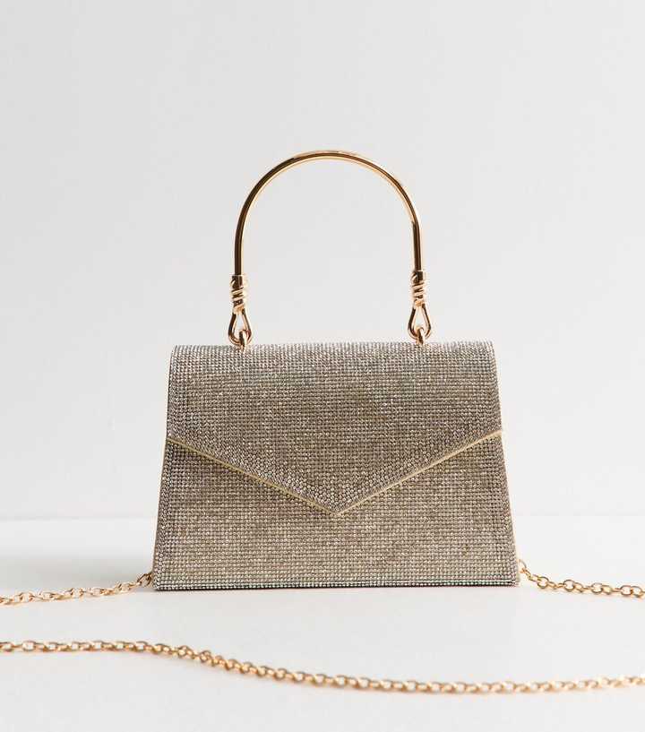 Silver Diamante Top Handle Clutch Bag
