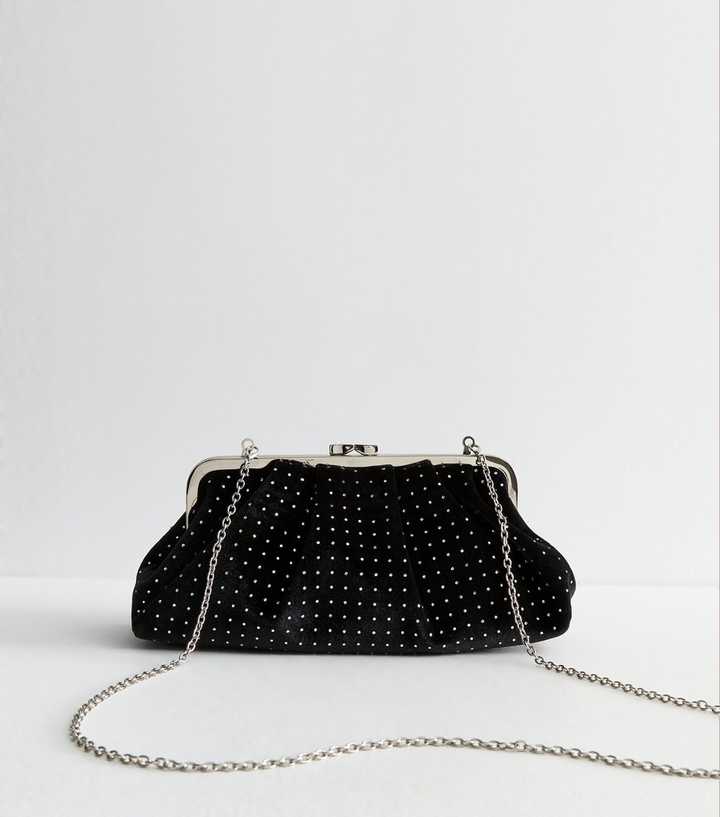 Black Satin Pleated Frame Sparkle Clutch