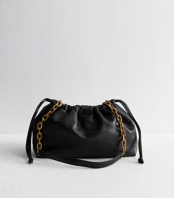 Black Faux Leather Drawstring Chain Strap Crossbody Bag