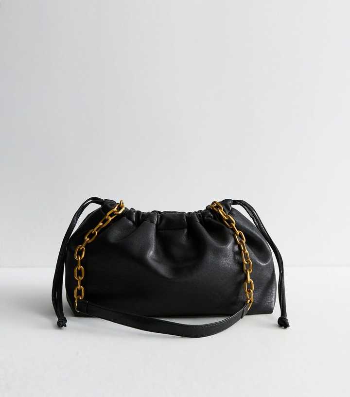 Black Faux Leather Drawstring Chain Strap Crossbody Bag