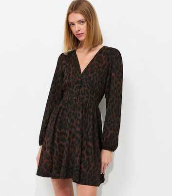 Brown Long Sleeve Leopard Print Crinkle Texture V-Neck Button Mini Dress