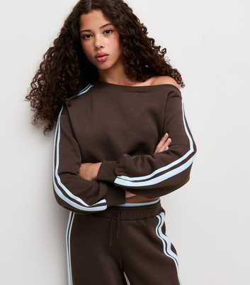 Girls Dark Brown Cotton Rich Off Shoulder Side Stripe Sweatshirt