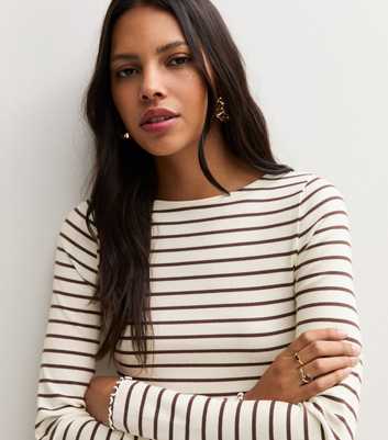 Cream Cotton Rich Striped Lettuce Trim Long Sleeve Top
