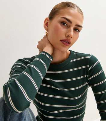 Green Cotton Rich Striped Long Sleeve Ribbed Top