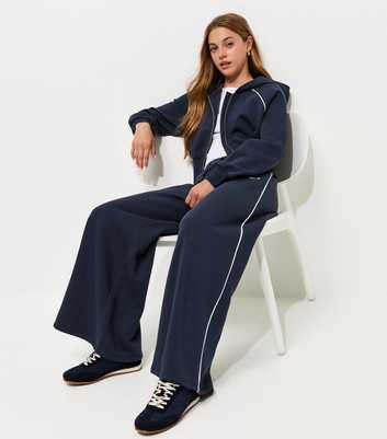 Girls Navy Contast Piping Zip Through Hoody