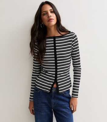 Black Cotton Rich Horizontal Stripe Button Front Ribbed Top
