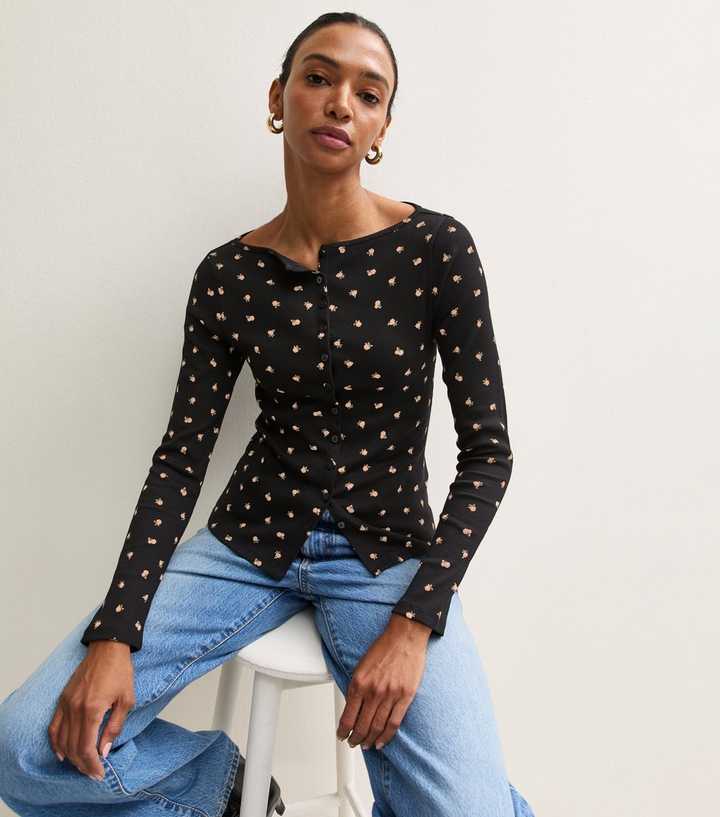 Black Cotton Rich Floral Print Ribbed Button Front Top