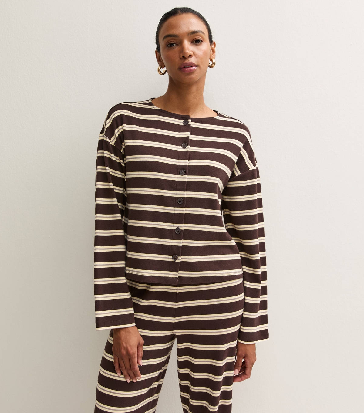 Women's Brown Cotton Rich Striped Button Through Long Sleeve T-Shirt New Look