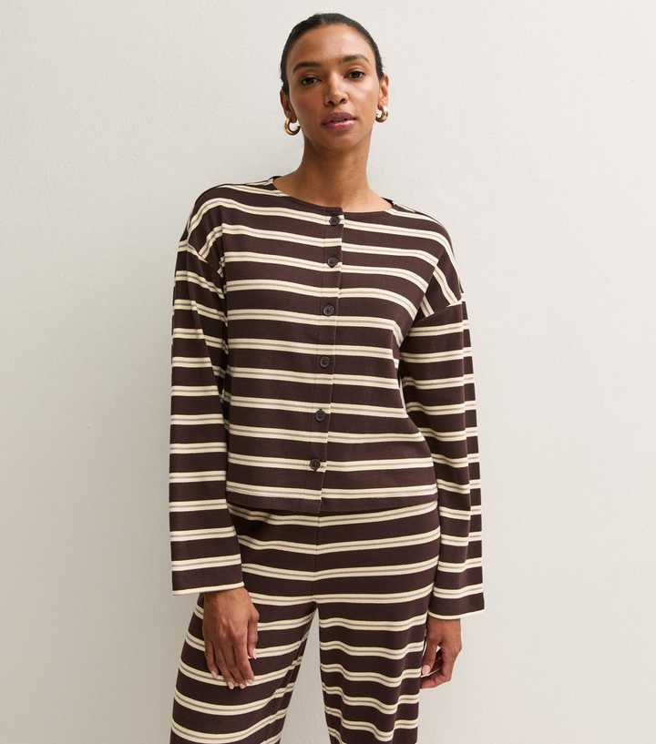 Brown Cotton Rich Striped Button Through Long Sleeve T-Shirt