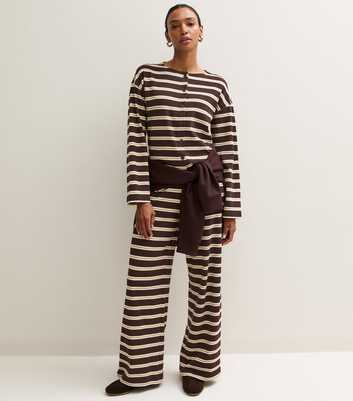 Brown Cotton Rich Striped Wide Leg Trousers