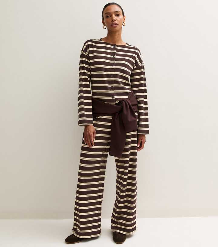 Brown Cotton Rich Striped Wide Leg Trousers