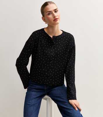 Black Polka Dot Button Through Long Sleeve Tee