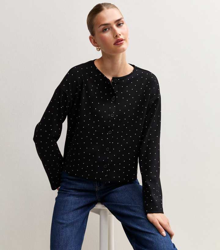 Black Polka Dot Button Through Long Sleeve Tee