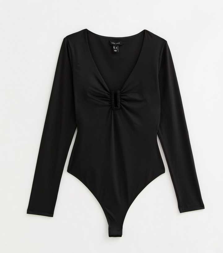 Black Jersey V-Neck Notched Bodysuit