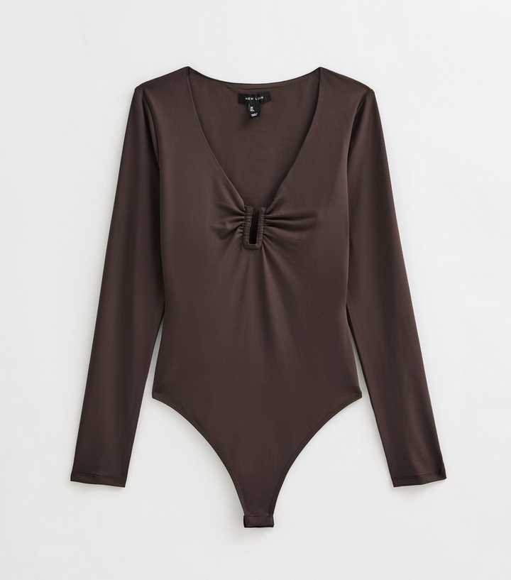 Dark Brown Jersey V-Neck Notched Bodysuit