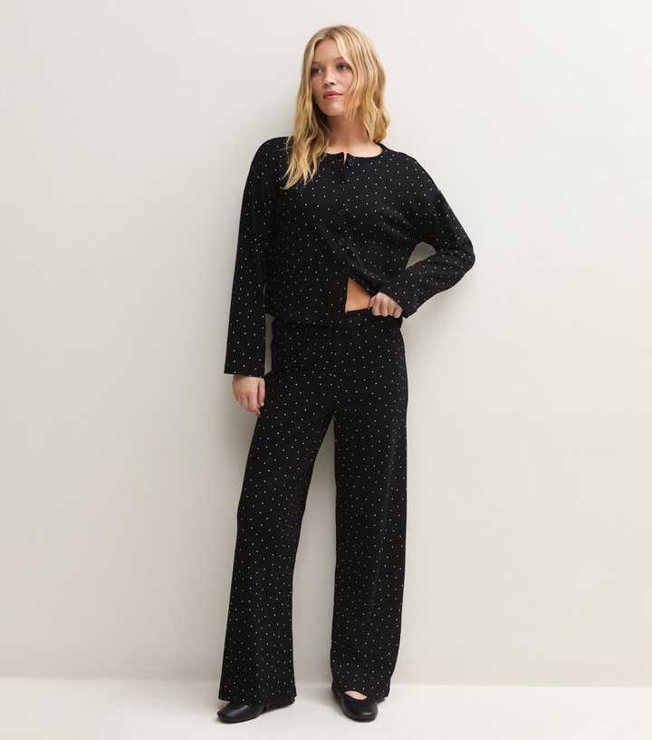 Black Cotton Rich Polka Dot Wide Leg Trousers