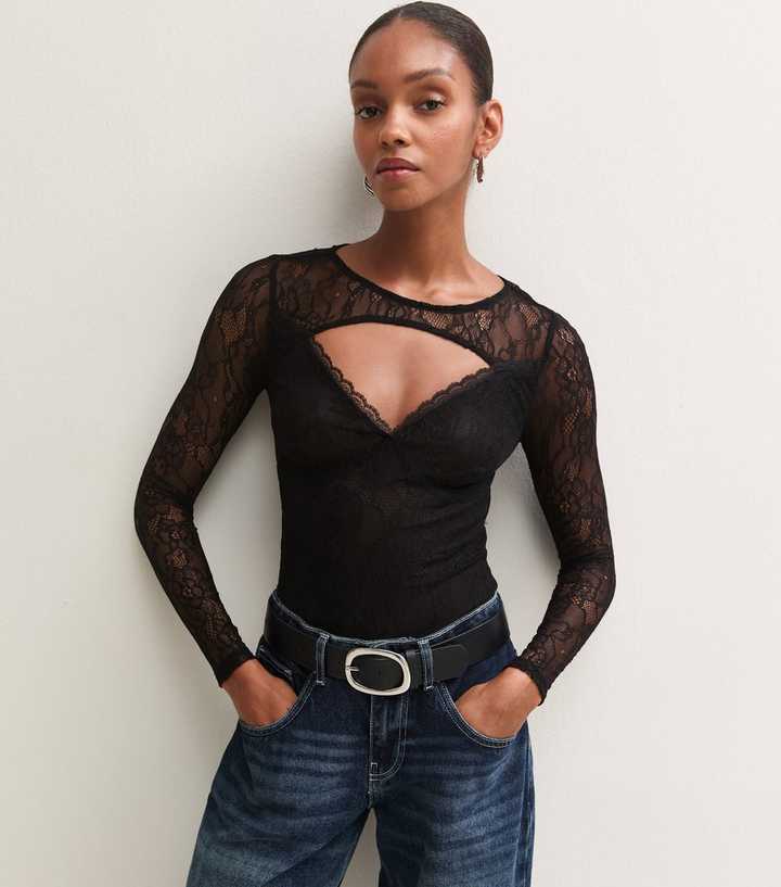 Black Lace Front Cutout Long Sleeve Bodysuit