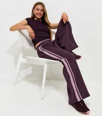 Girls Dark Purple Cotton Rich Side Stripe Super Wide Joggers