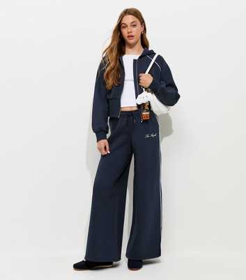 Girls Navy Cotton Rich Contrast Piping Wide Leg Joggers