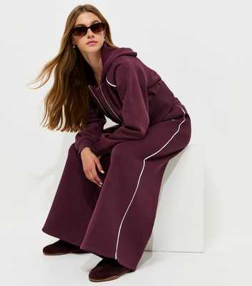 Girls Dark Burgundy Cotton Rich Contrast Piping Wide Leg Joggers