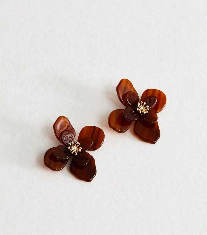 Large Dark Brown Flower Stud Earrings