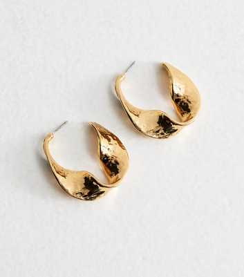 Gold Tone Large Chunky Hammered Wavy Hoop Earrings