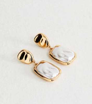 Gold Tone Faux Pearl Square Drop Earrings