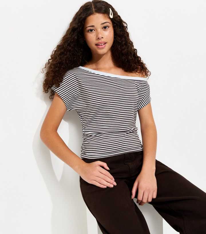 Girls Blue Cotton Rich Striped Off Shoulder Cinched Waist Top