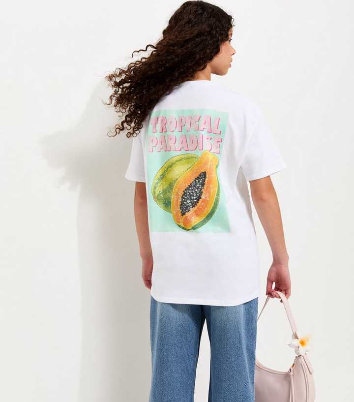Girls White Cotton Longline Papaya Print T-Shirt