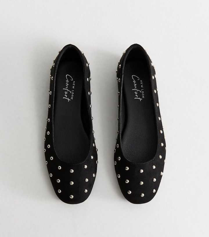 Black Faux Suede Studded Ballet Pumps