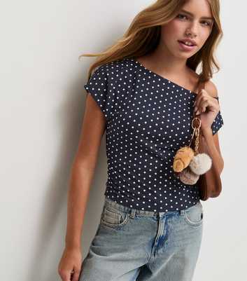 Girls Navy Polka Dot Cotton Rich Slashed Neck T-Shirt